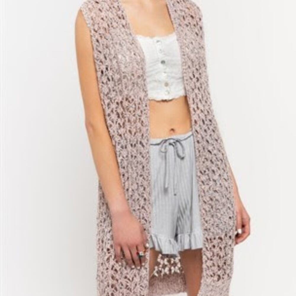 Two-Tone Open Weave Cardigan Vest – Pinky Peach & Grey, Small